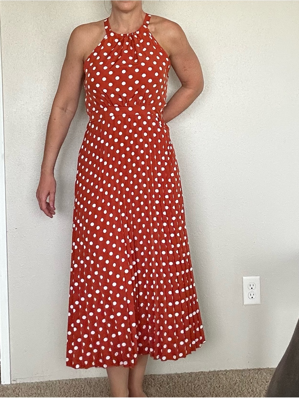 Polka Dot Halter Midi Dress in Rust Red